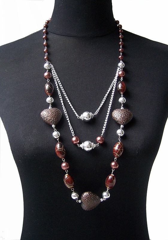 Damen Statement Kette Mit Perlen - Lange Silberkette Zwei Strang